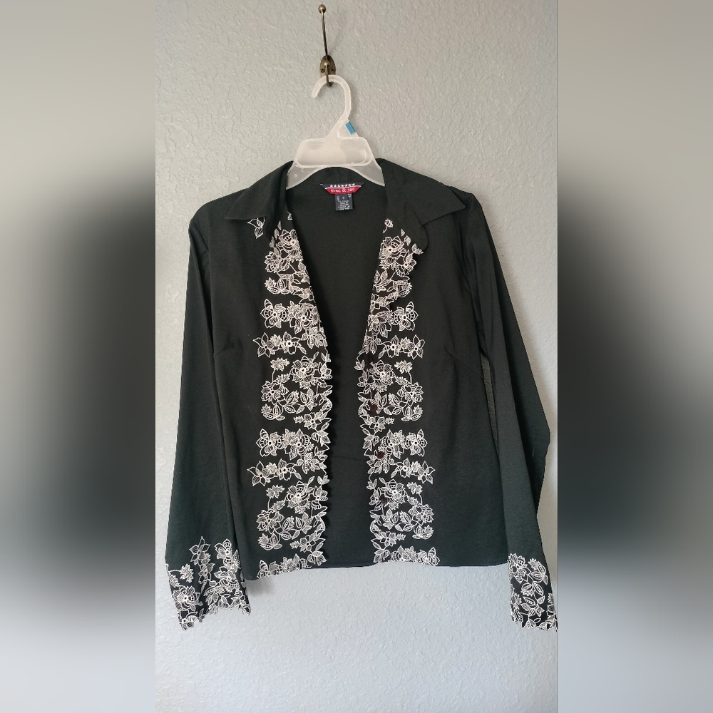 Embroidered Black Women's Jacket with White Floral Trim